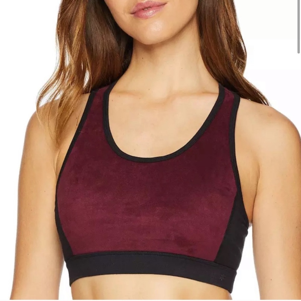 Splendid Yoga Suede Racerback Scoop Neck Sports Bra Color Block Burgundy Black